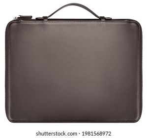 Clear Black Case. Leather Briefcase. Black Leather Business Briefcase On Isolated White Background. With Clipping Path. Front View.