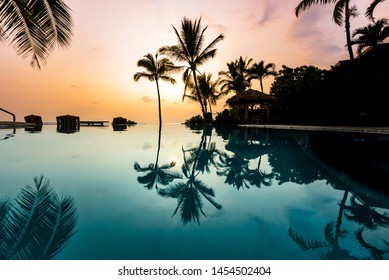 Clear Blue Infinity Pool of a Vacation Destination with Reflection in Water of Perfect Tropical Island Paradise of Palm Trees Silhouettes and Awesome Colorful Sunset Sky Over Ocean in Hawaii
