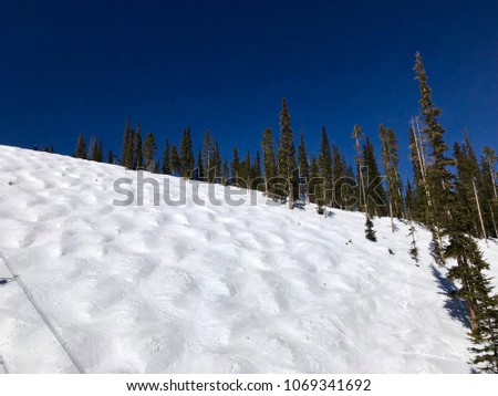 A clear blue sky over a ski slope with moguls