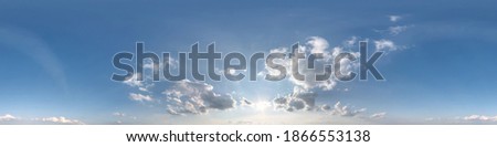 clear blue sky with white beautiful clouds. Seamless hdri panorama 360 degrees angle view  with zenith for use in 3d graphics or game development as sky dome or edit drone shot