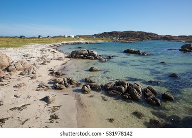 Clear blue turquoise sea Scottish beach of Fidden near Fionnphort Isle of Mull Scotland uk.   Near to Iona island and popular for motorhomes and campervans.