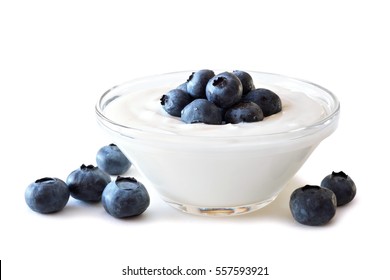 Clear bowl of yogurt with blueberries over a white background - Powered by Shutterstock