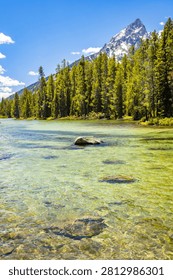 Clear emerald green waters of String Lake stretch toward forested slopes and snowcapped Teton peaks