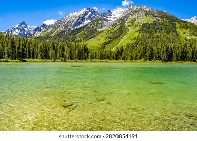 Clear emerald green waters of String Lake stretch toward forested slopes and snowcapped Teton peaks