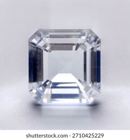 A clear emerald-cut gemstone with sharp facets and bright reflections, captured in a clean macro style. Ideal for jewelry design, luxury branding, decorative visuals, digital art, and high-quality ill