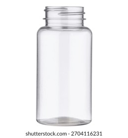 A clear empty plastic bottle with a threaded neck stands isolated on a white background. The cylindrical container is transparent, revealing its empty interior.