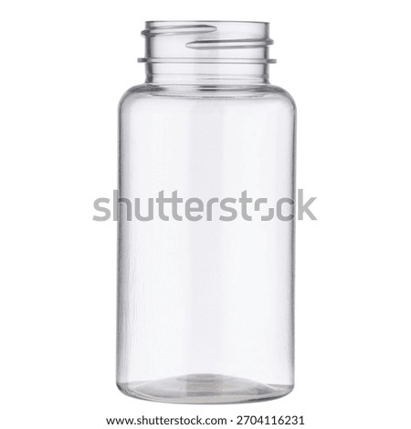 A clear empty plastic bottle with a threaded neck stands isolated on a white background. The cylindrical container is transparent, revealing its empty interior.
