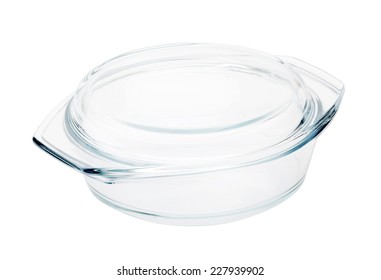 Clear Empty Transparent Glass Casserole With Lid For Baking In The Owen Isolated On White Background