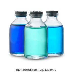 Clear Glass Bottle Containing Bright Blue Liquid on a White Background - Powered by Shutterstock