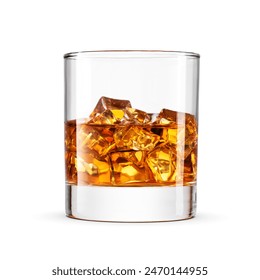 A clear glass filled with amber-colored whiskey and ice cubes is isolated on a white background. - Powered by Shutterstock