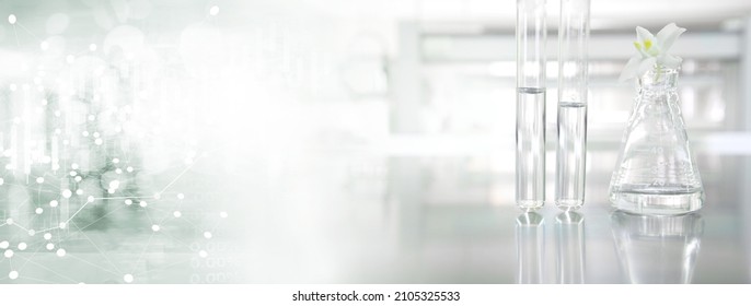 Clear Glass Flask With Flower And Test Tube With White Data Information In Cosmetic Science Lab Banner Background