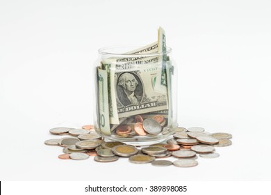 Clear glass jar for save money on white background