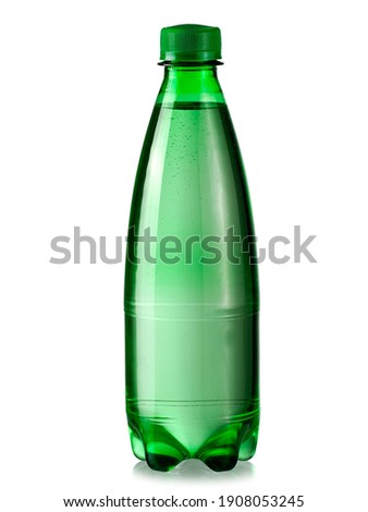Clear green small plastic soda water bottle on white background