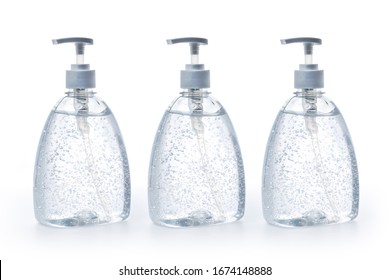 Clear hand sanitizer in a clear pump bottle isolated on a white background. Hand sanitizer is used for killing germs. - Shutterstock ID 1674148888