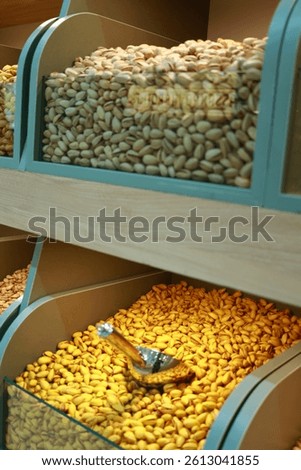 A clear image showcasing a bin of roasted and salted peanuts with a shiny scoop placed on top, highlighting the texture, freshness, and rich golden hue of the snack. This display presents 