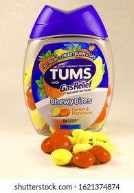 Clear Lake, WI, USA 1-12-2020 Close Up Of Tums Chewy Bites For Antacid. Lemon And Strawberry Flavor