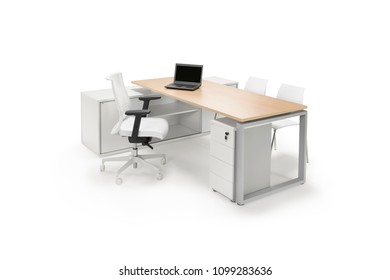 Clear Office Desk With Wooden Top, Chairs And Drawer On A White Background