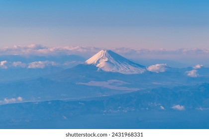 Clear photo of Fuji mountain from airplane window view