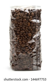 Clear Plastic Bag Of Coffee Beans Isolated On White Background