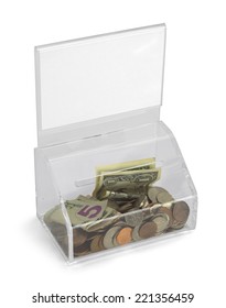 Clear Plastic Donation Box With Money And Copy Space Isolated On White Background.