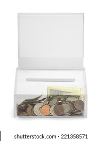 Clear Plastic Donation Box With Money And Copy Space Isolated On White Background.