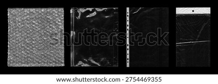 Clear Plastic Packaging Sleeves and Bubble Wrap Set. Assorted transparent packaging items on black background, including bubble wrap pouch, zip sleeve, and document protector. Photo
