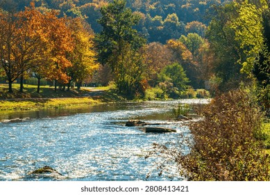 A clear river flows gently through a rural forest landscape in autumn. Colorful deciduous trees with yellow, orange, and red foliage line the riverbank, reflecting in the sparkling blue water. Sunlight creates bright highlights on the surface of the water and illuminates the hillside woodland in the background, giving the scene a peaceful and tranquil atmosphere.