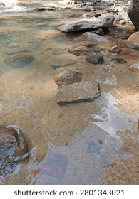 Clear shallow stream flows gently over sandy rocky bed, sunlight reflecting patterns on transparent water surface