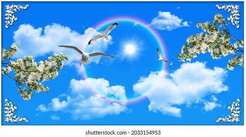 Clear sunny sky, white clouds and flying seagulls. white spring flowers and round rainbow. stretch ceiling picture