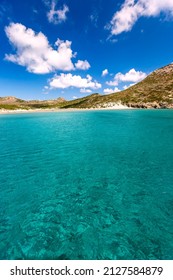 Clear transparent waters in Livadi beach, Despotiko island, Antiparos, Cyclades, Greece