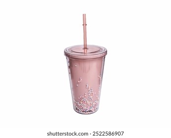 Clear tumbler filled with a creamy pink beverage and topped with colorful sprinkles, featuring a matching straw, ideal for enjoying refreshing drinks on the go or at home. - Powered by Shutterstock