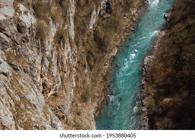 Clear Turquoise Water Of A Mountain Winding River Aerial View

