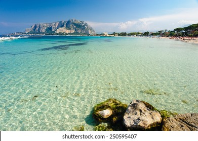 Clear Turquoise Waters Of Mondello Beach, Palermo, Sicily, Italy.