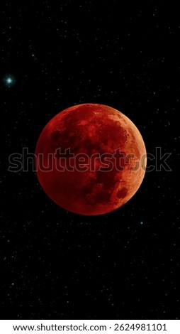 A clear vertical view of the lunar eclipse in the dark sky - red moon