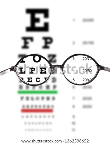 Clear view of eye chart through glasses. Ophthalmologist consultation