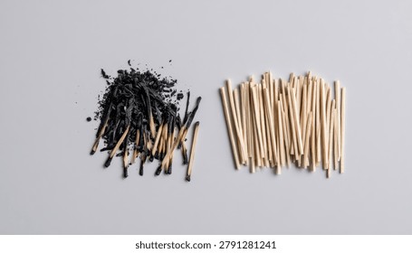 A clear visual comparison between a pile of burnt matchsticks and a neat stack of unused matchsticks, highlighting the contrast between used and new.