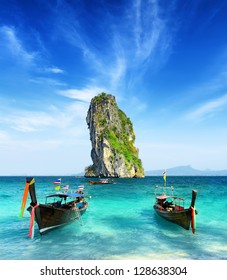 Clear water and blue sky. Beach in Krabi province, Thailand.