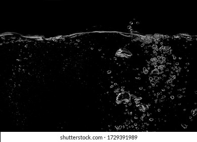 Clear water liquid splash wave surface with ripple and bubbles on a black nature background