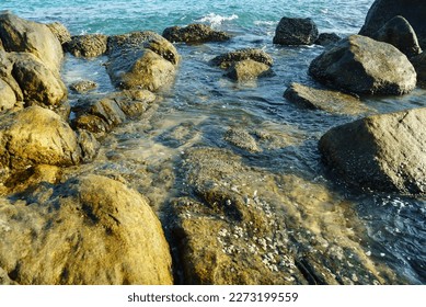 Clear water on a rocky ocean shore close up