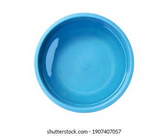 Clear Water And Reflection In Blue Plastic Basin Isolated On White Background, Small Baby Bath Tub Close-up Top View