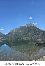 clear water with reflection of the mountain