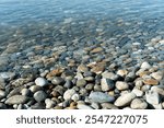 Clear water reveals smooth stones along the lakeshore on a sunny day in a tranquil natural setting