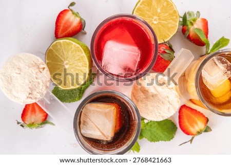 Clear whey drink, transparent non-dairy taste isolate protein cocktail, rich in protein take away sweet soda beverages with various fruit tastes, healthy diet non sugar beverages