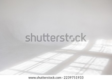 Clear white cyclorama. Light background with sun light and shadows. Plain wall empty photo studio. . High quality photo