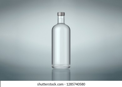Clear Wine Or Vodka Bottle With Silver Cap. Isolated On Gray Background. Stock Mock Up. High Resolution.