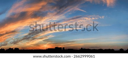 Clearly outlined feathers of high clouds spread over the tired city. Black silhouette of the buildings of the urban landscape. Warm colors pierce the cold ones. A dynamic gesture of energy and power.