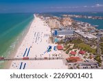 Clearwater Beach Florida. Panorama of city Clearwater Beach FL. Spring break or Summer vacations in Florida. Beautiful View on Hotels and Resorts on Island. America USA. Gulf of Mexico. Aerial view.