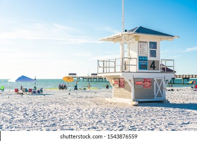 Clearwater Beach, Florida, USA - September 17, 2019: Lifeguard Tower On Beautiful Clearwater Beach With White Sand In Florida USA