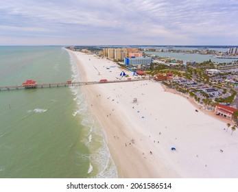 Clearwater Beach And Pier 60 Fishing Pier Aerial View In A Cloudy Day, City Of Clearwater, Florida FL, USA. 