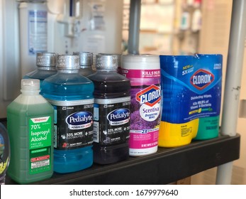 Clearwater, FL/USA March 22nd, 2020: New Shipment Of Products That Are Essential For The Corona Virus Outbreak Including Clorox Wipes, Pedialyte, And Isopropyl Alcohol